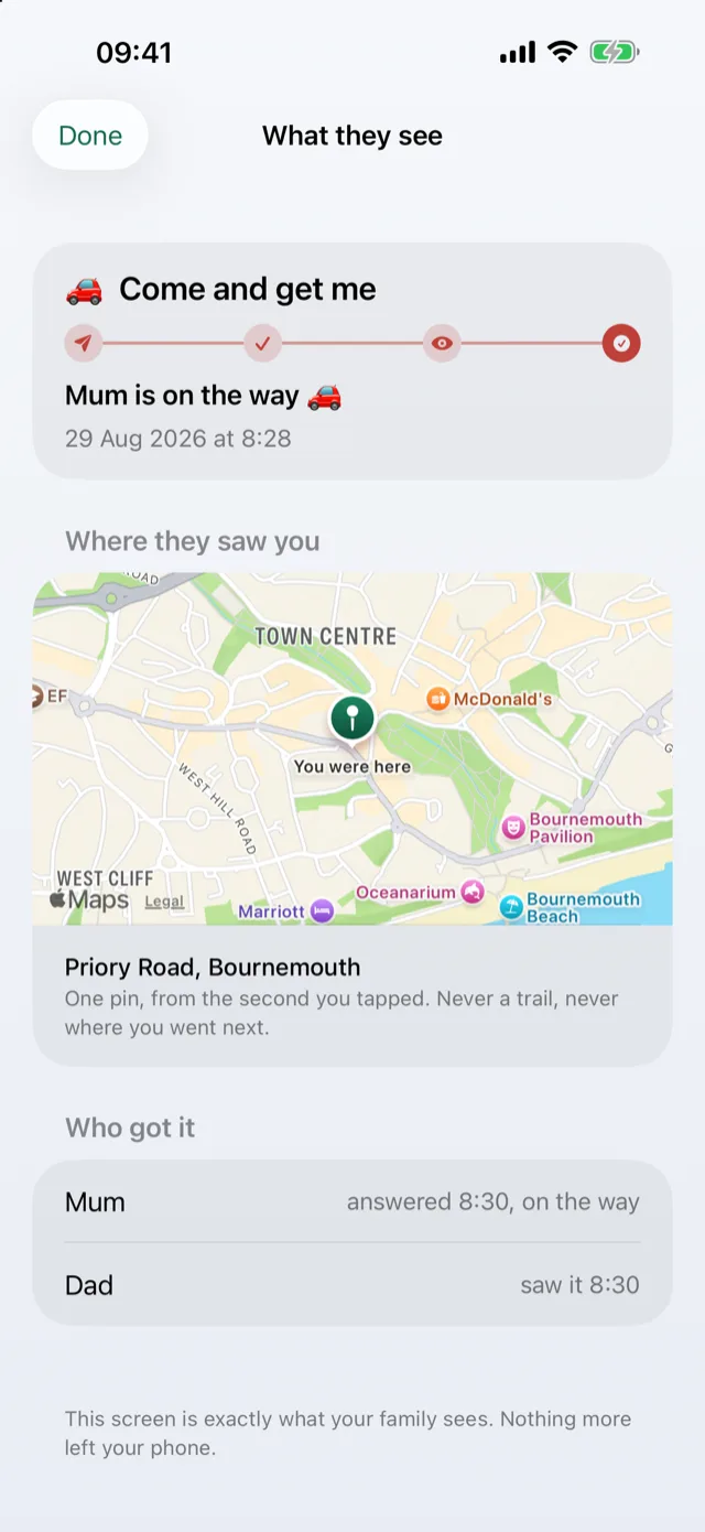 The child's “What they see” screen: their come-and-get-me with the journey bar at answered, Mum on the way, the map pin where they were, and each person's status, captioned “this screen is exactly what your family sees”.
