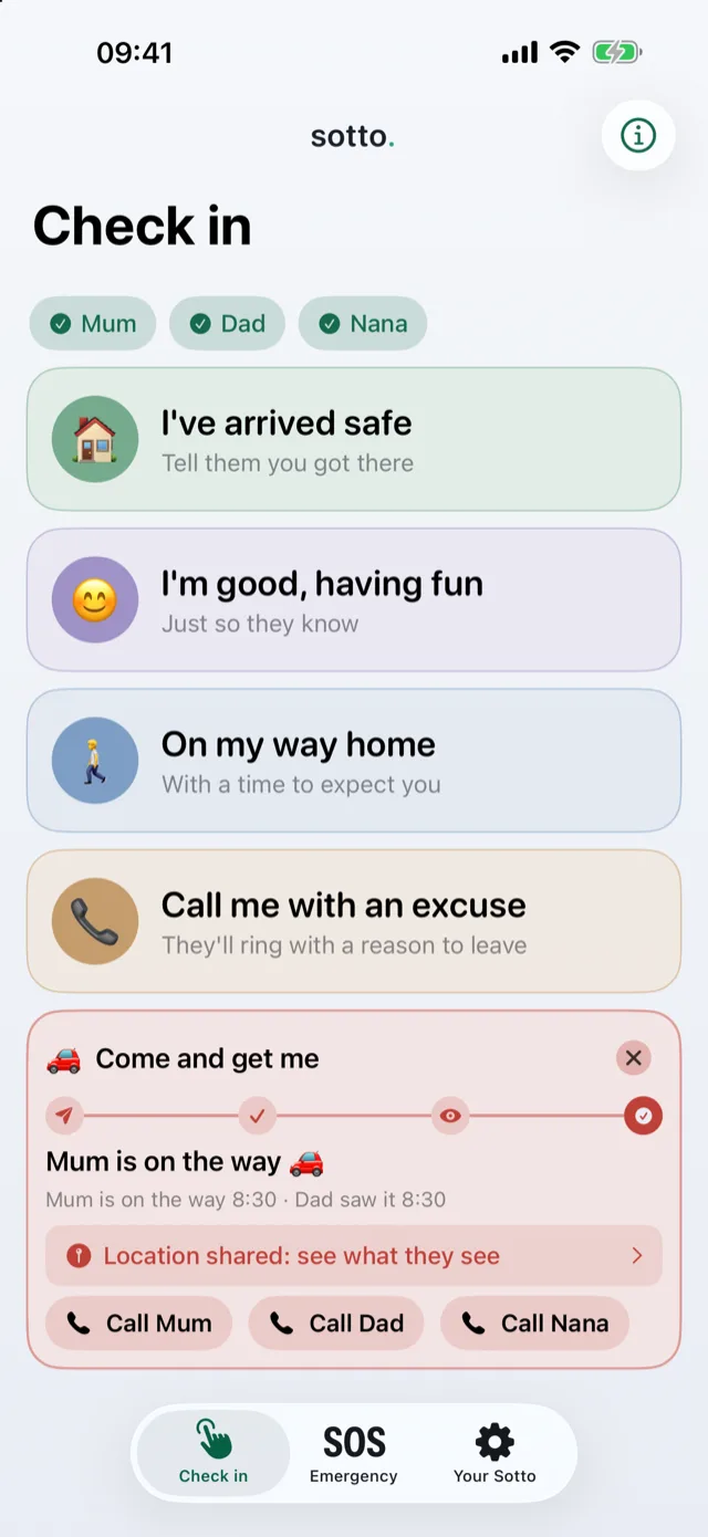 The child's check-in screen: Mum, Dad and Nana selected at the top, the five check-in buttons, and a sent “come and get me” card. Mum is on the way and Dad has seen it, with a “Location shared: see what they see” button and call buttons for every guardian.