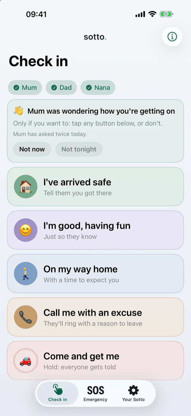 A wave on the child's phone: “Mum was wondering how you're getting on. Only if you want to, tap any button below, or don't”, with Not now and Not tonight buttons above the five check-in tiles.