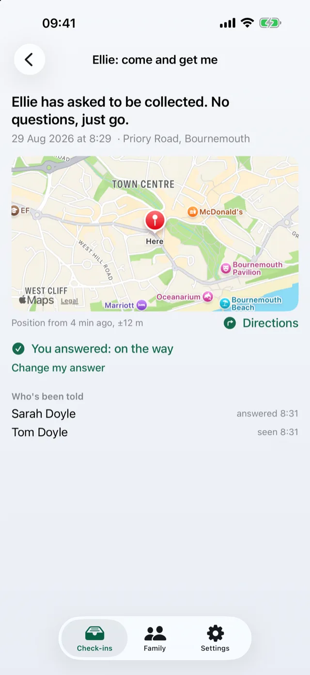 A “come and get me” opened: the words “Ellie has asked to be collected. No questions, just go”, a map of where she was, directions, and who else has been told.