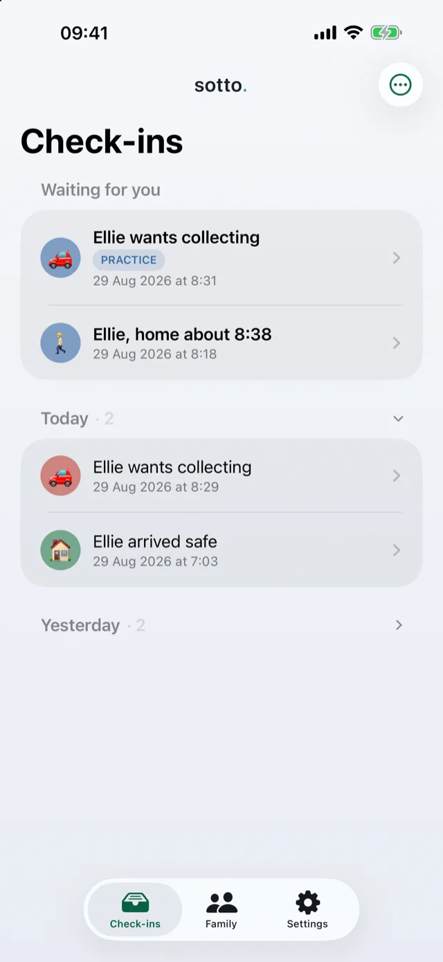 A guardian's check-in list: one waiting for a reply (Ellie, home about 15:58) above earlier check-ins already answered.