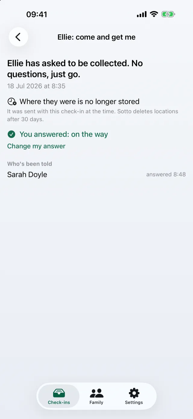 An old check-in on a parent's phone: “Where they were is no longer stored. It was sent with this check-in at the time. Sotto deletes locations after 30 days.”